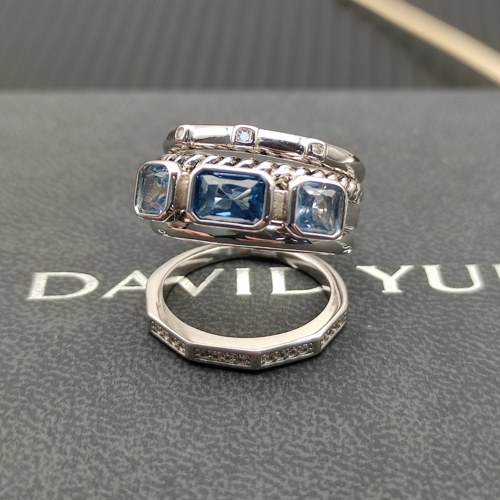 ✨David Yurman Silver Blue Gemstone Stackable Ring Set
